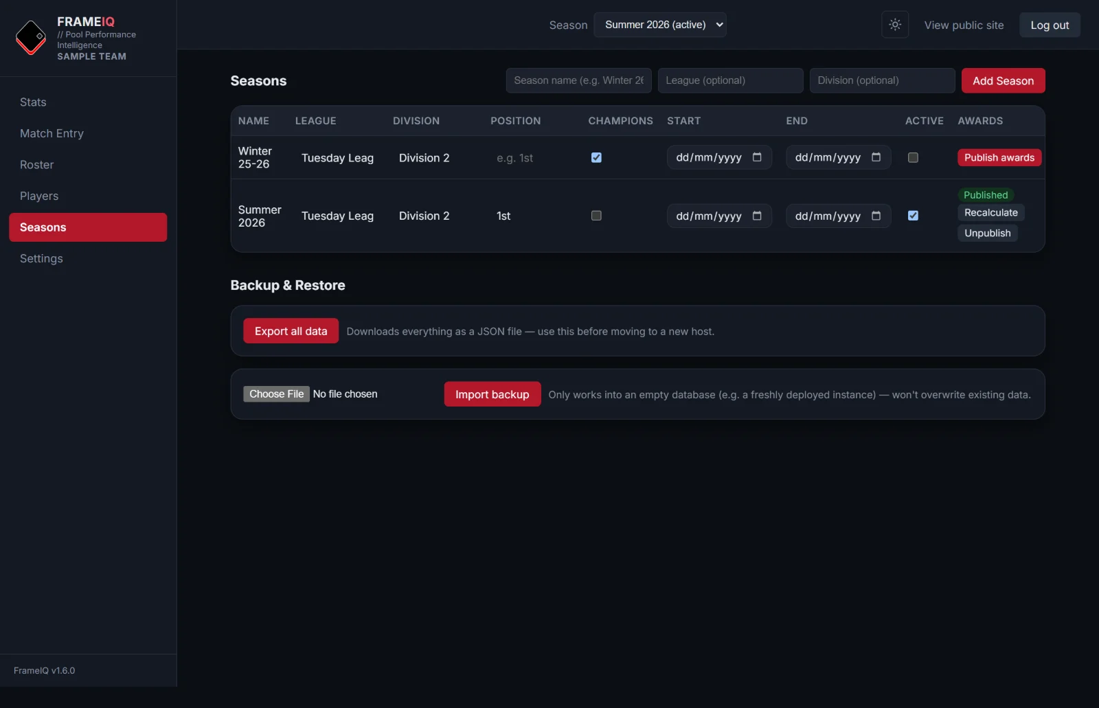 The admin Seasons page with league, division, position and champions settings, and a button to publish a season's awards.